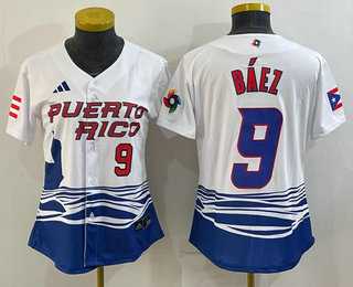 Women%27s Puerto Rico Baseball #9 Javier Baez Number White 2023 World Baseball Classic Stitched Jersey->2023 world baseball classic->MLB Jersey